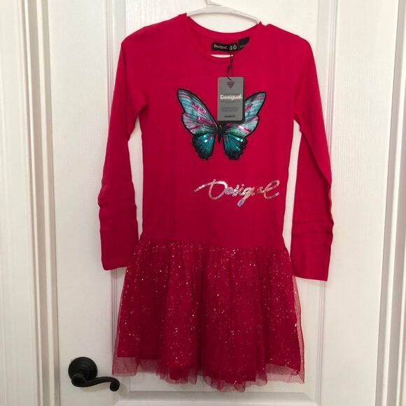 Desigual Girl Long Sleeve Pink Dress Sequin Tulle Skirt Butterfly Applique 11/12 - Picture 4 of 6